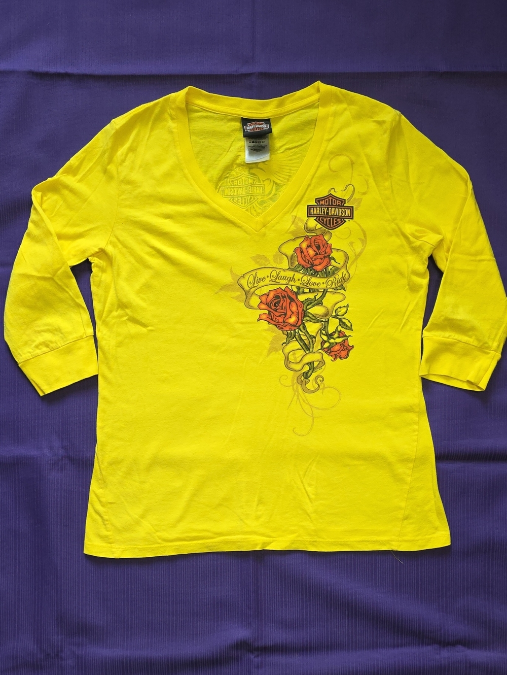 Harley-Davidson Yellow V-Neck Tee with Red Rose Graphic